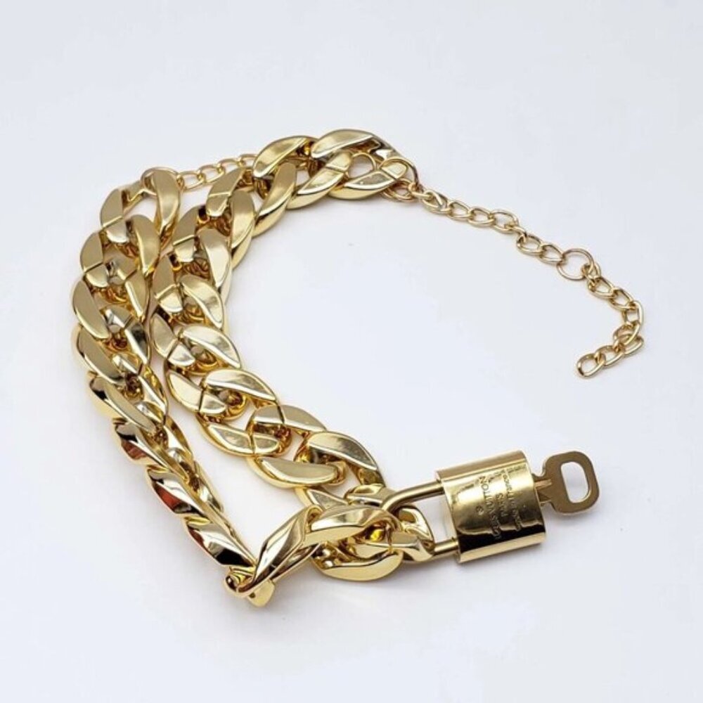 Authentic Louis Vuitton Lock&  Key with Unbranded Cuban Style Gold Plated Chain - Picture 7 of 11